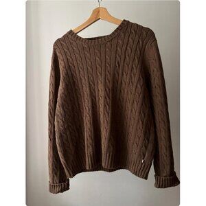 Y2K Brown Cotton Cable knit Sweater | Vintage Boxy Soft Crewneck
